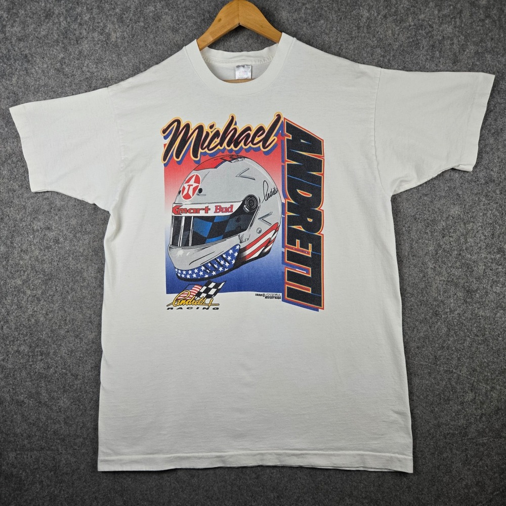 Vintage Michael Andretti T-Shirt Mens XL White Indy Car Racing Helmet 1996 90s